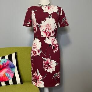 White House Black Market WHBM Red Floral Short Sleeve Sheath Dress 2